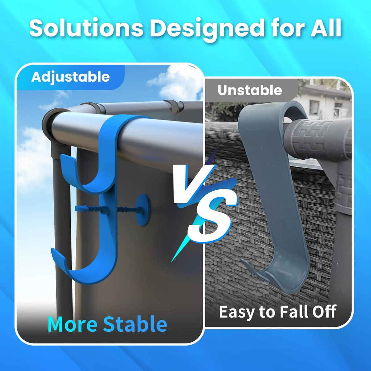 Pool leaf skimmer net holder with stable blue hooks on gray wall mount