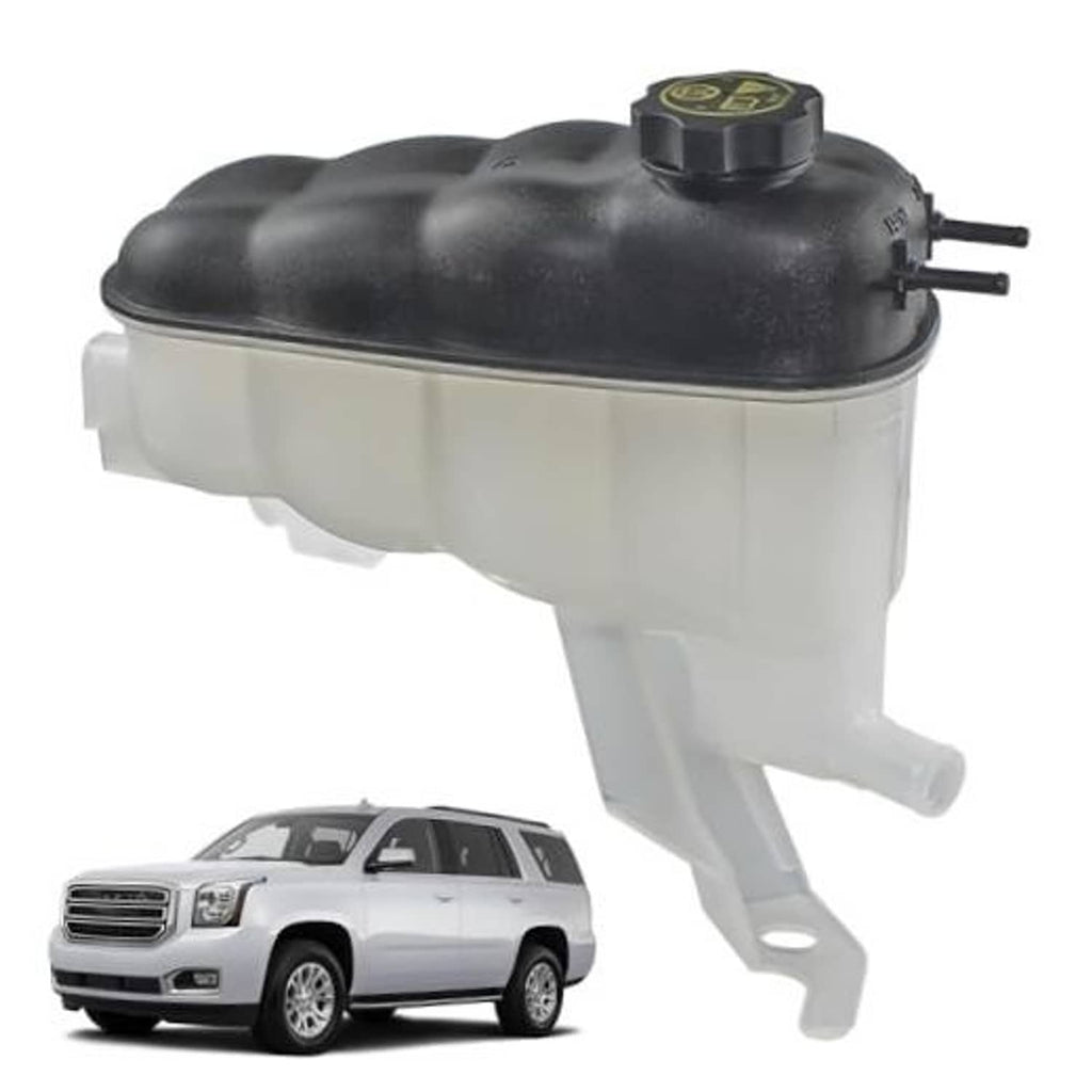 Coolant expansion reservoir tank with black cap and side outlet hose fittings