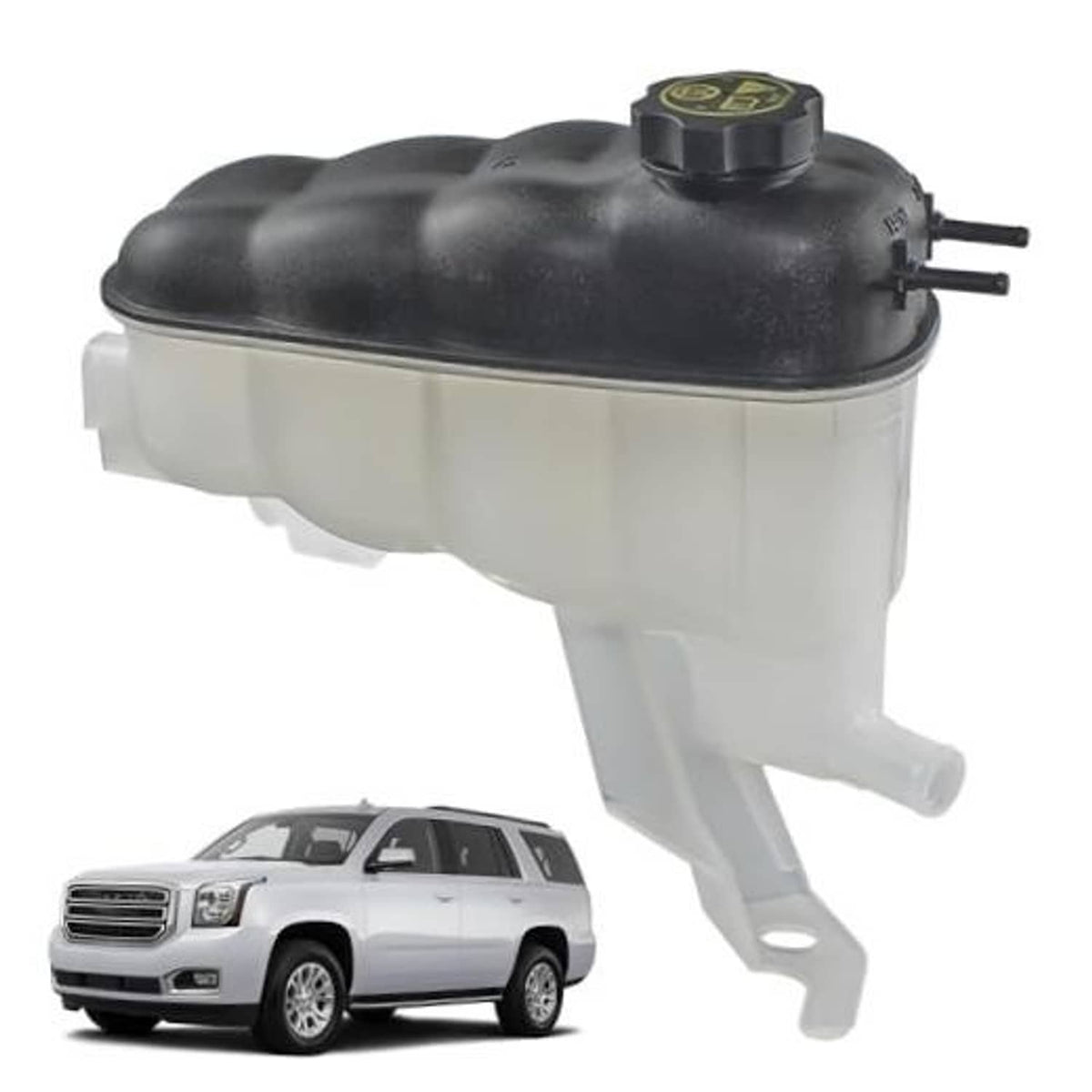 Coolant expansion reservoir tank with black cap and side outlet hose fittings