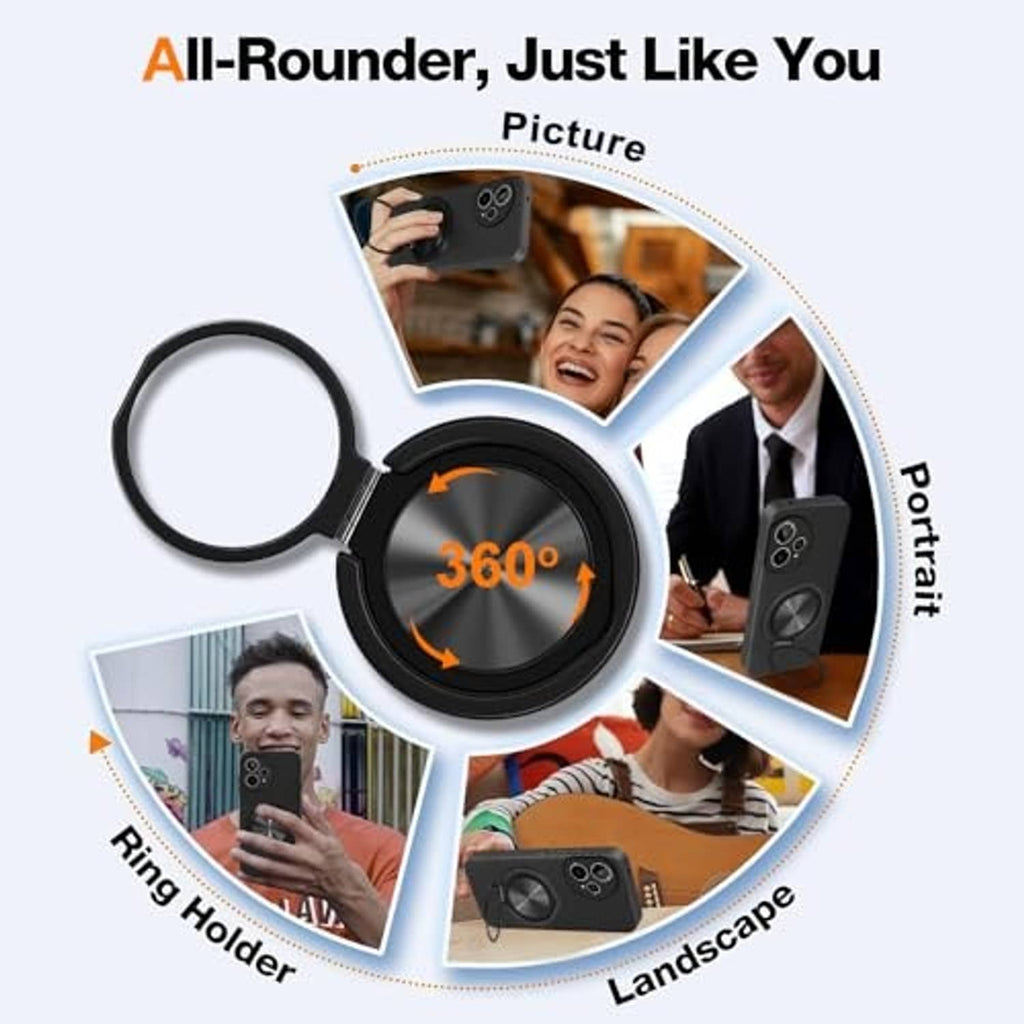 Black phone case with 360° rotating ring holder for secure grip.