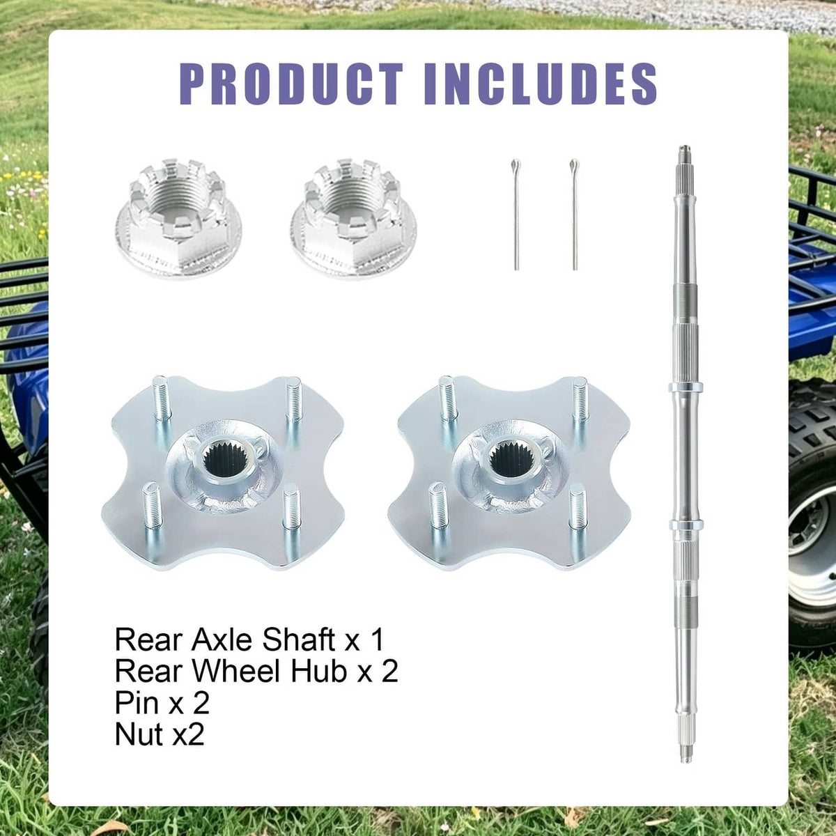 Rear axle shaft with wheel hub flanges and included wheel hub nuts and pins