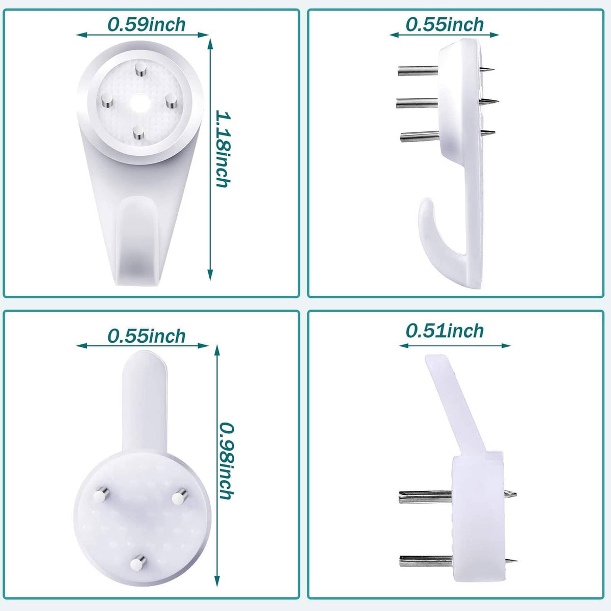 White plastic hanger hook with metal pins, close-up front and side view