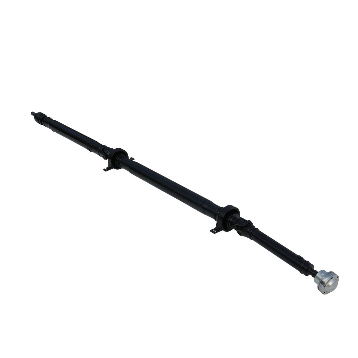 Rear driveshaft assembly with two mounting brackets, black tube, metal yoke end