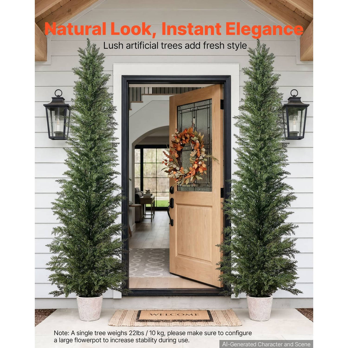 Two artificial cedar topiary trees in dark pots with dense green needle-like branches