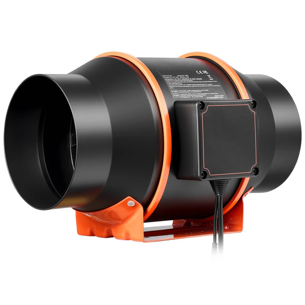 Close-up side view of inline duct fan with black housing, orange frame, and control panel