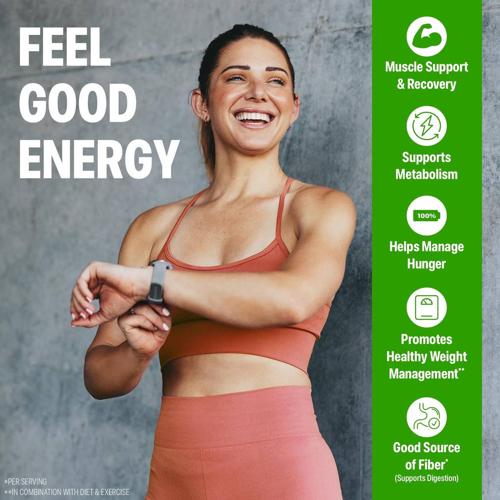 Woman holding a smartwatch, fitness marketing panel with green badges