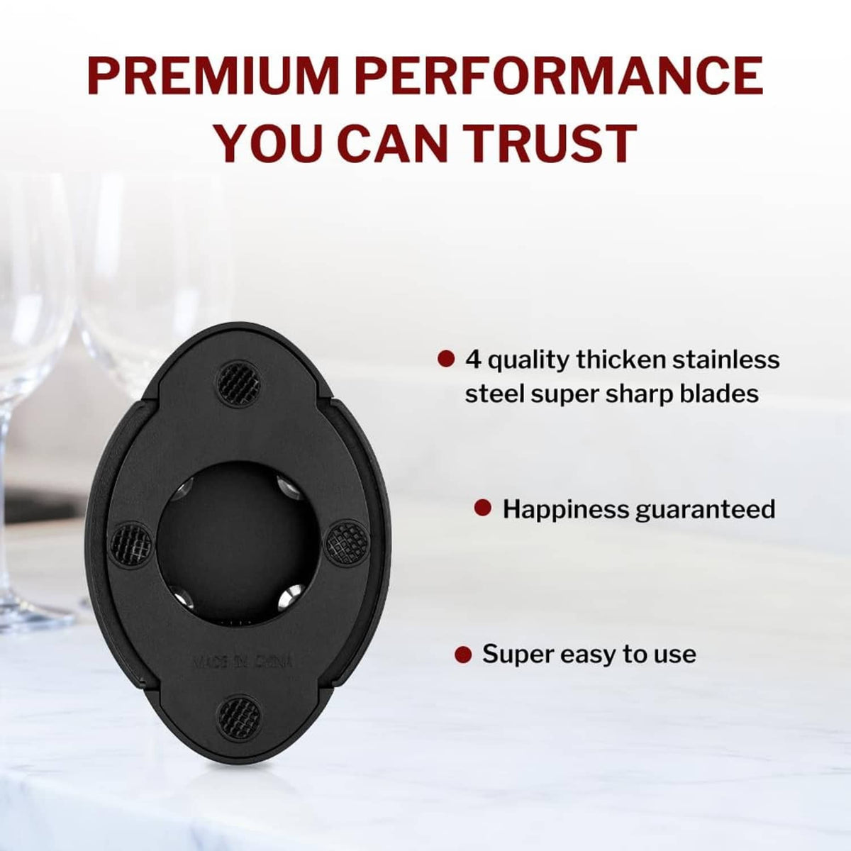 Black oval wine opener base with central blade opening and curved stainless lever arm