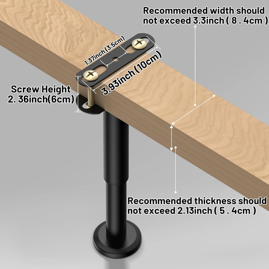 Close-up of black adjustable bed support leg with screw height adjuster
