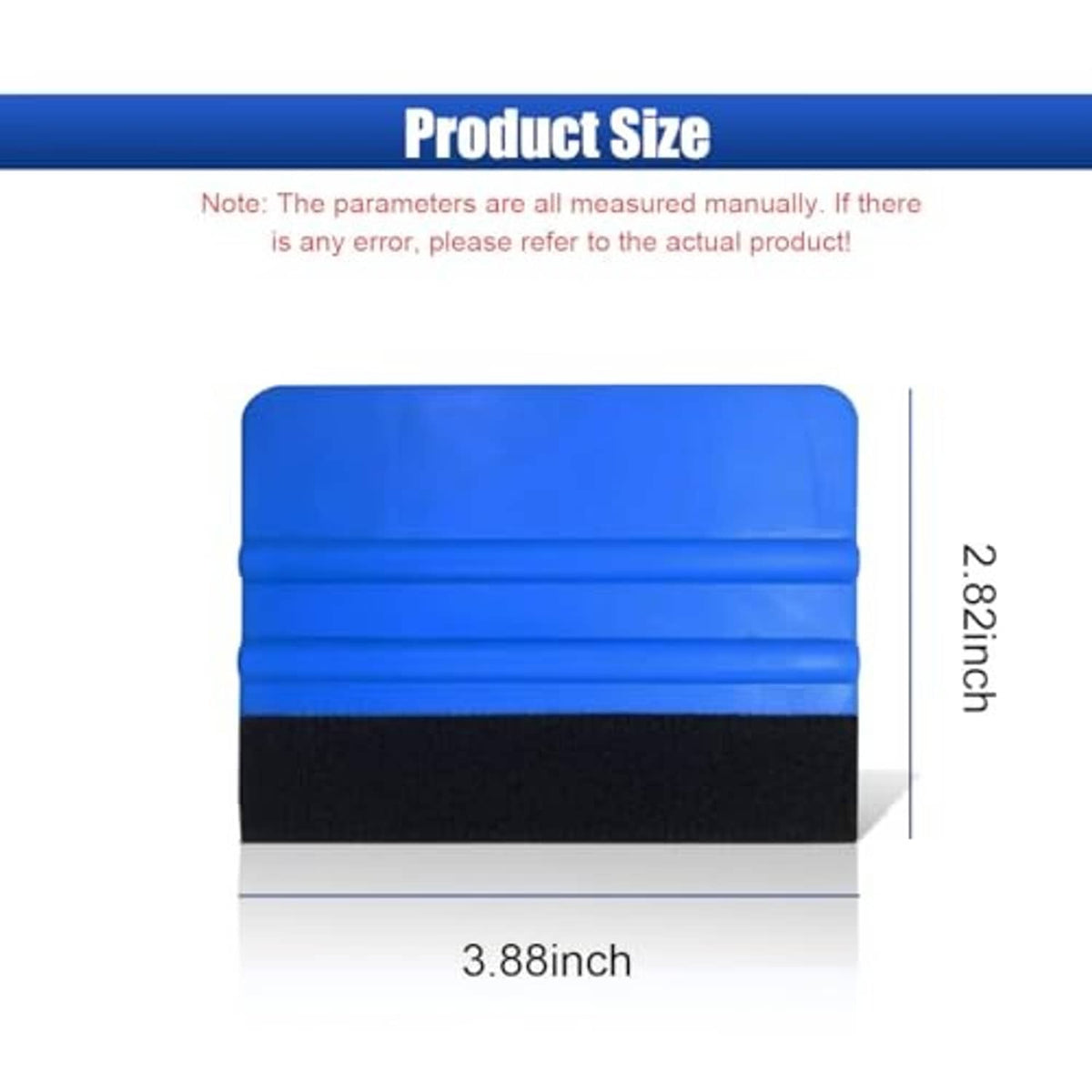 Blue plastic squeegee scraper with black felt edge, compact size