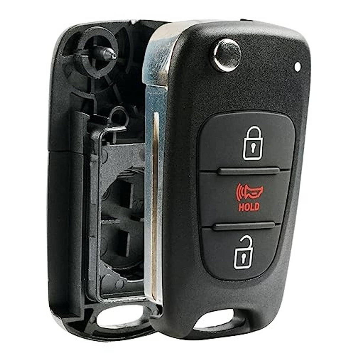 Black flip key fob case with open interior and two-button lock/unlock layout