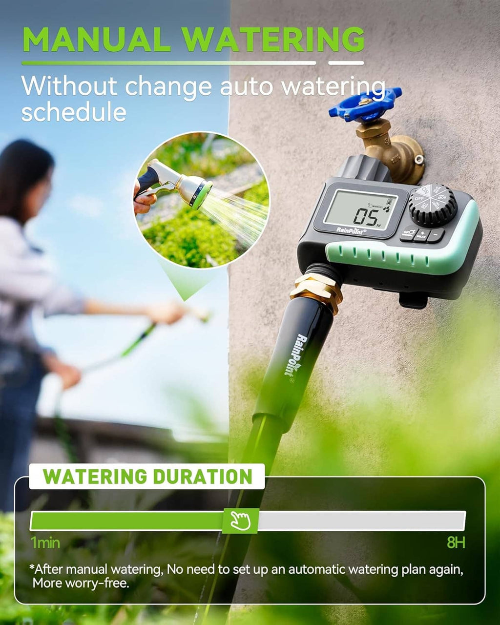 Outdoor watering timer with LCD and rotary dial, shown connected to a green hose
