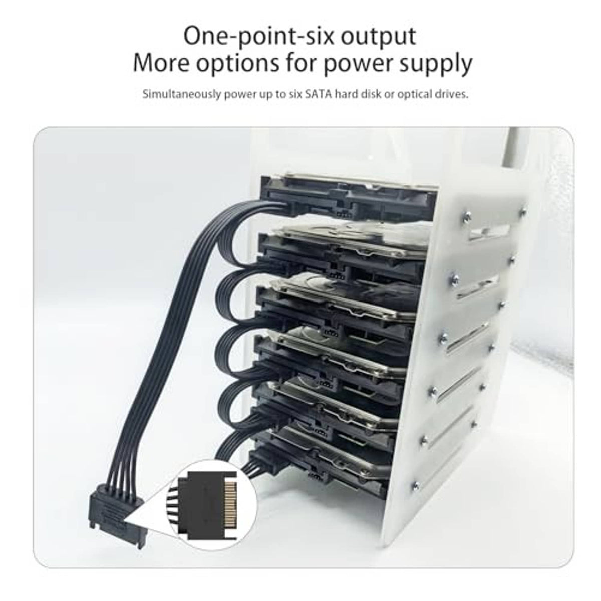 6-way SATA power splitter cable with multiple stacked SATA connectors for drives