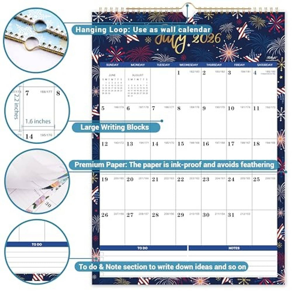 July 2026 wall calendar with navy fireworks theme, large writing blocks, and to-do notes sections