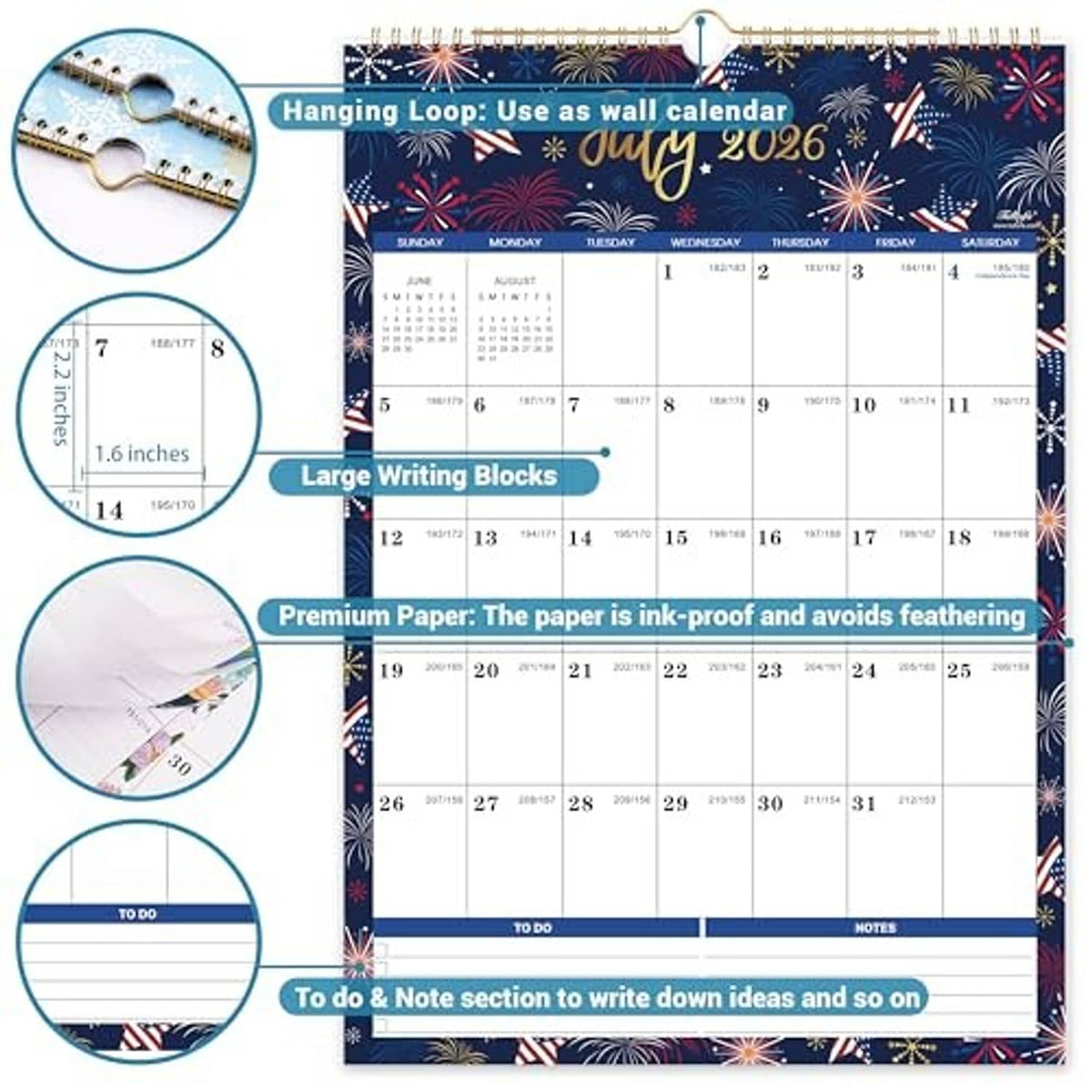 July 2026 wall calendar with navy fireworks theme, large writing blocks, and to-do notes sections