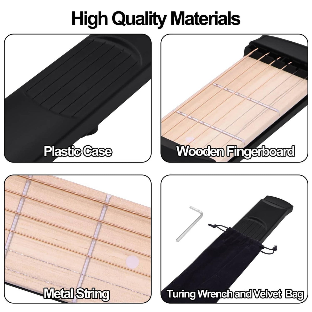 Black plastic case and wooden fingerboard with metal strings, tuning wrench and bag