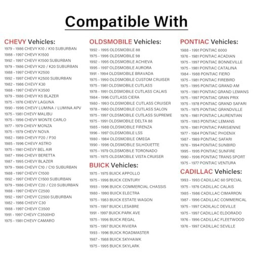Vehicle compatibility chart for fuel gas cap, showing compatible Chevrolet, Oldsmobile, Pontiac, Buick, Cadillac