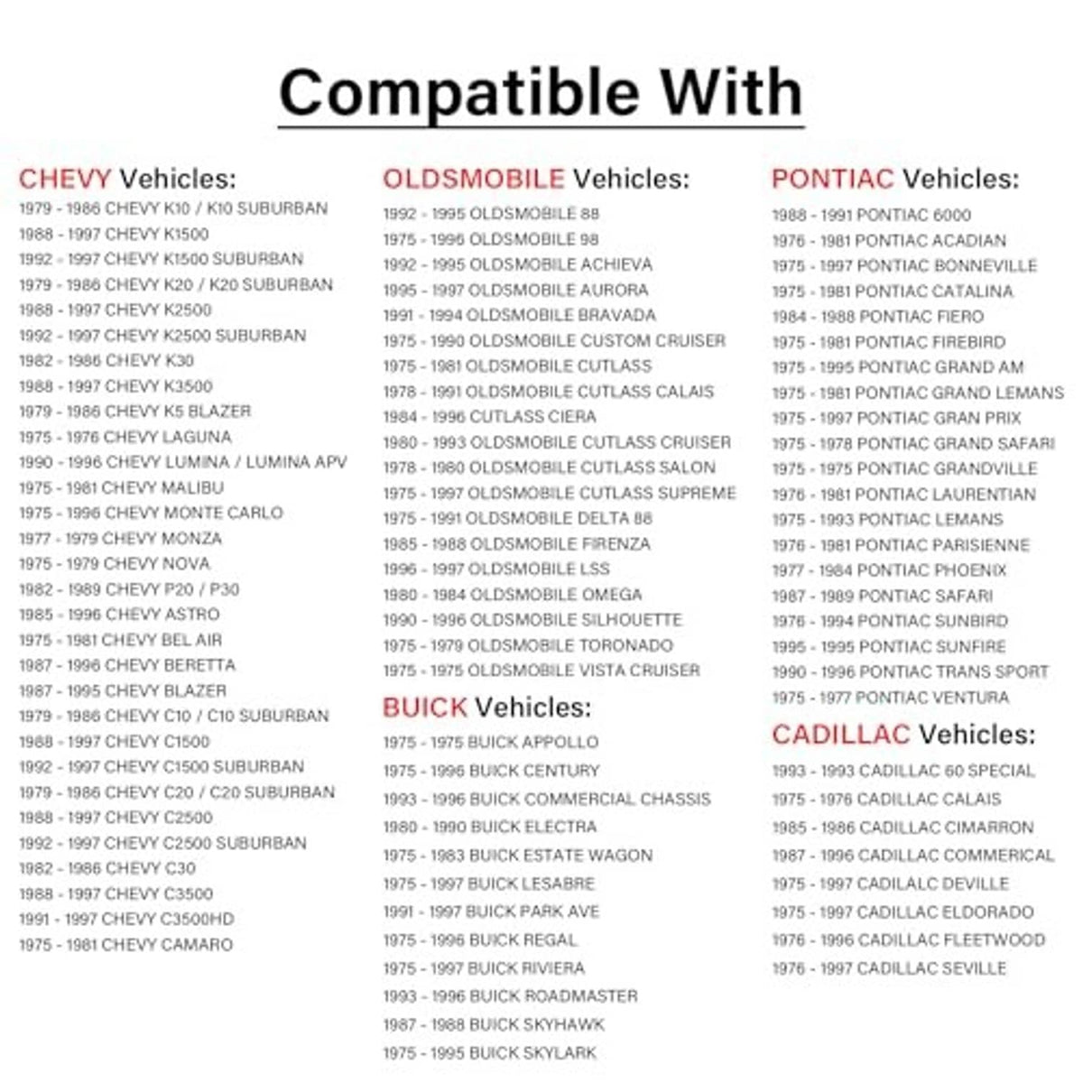 Vehicle compatibility chart for fuel gas cap, showing compatible Chevrolet, Oldsmobile, Pontiac, Buick, Cadillac