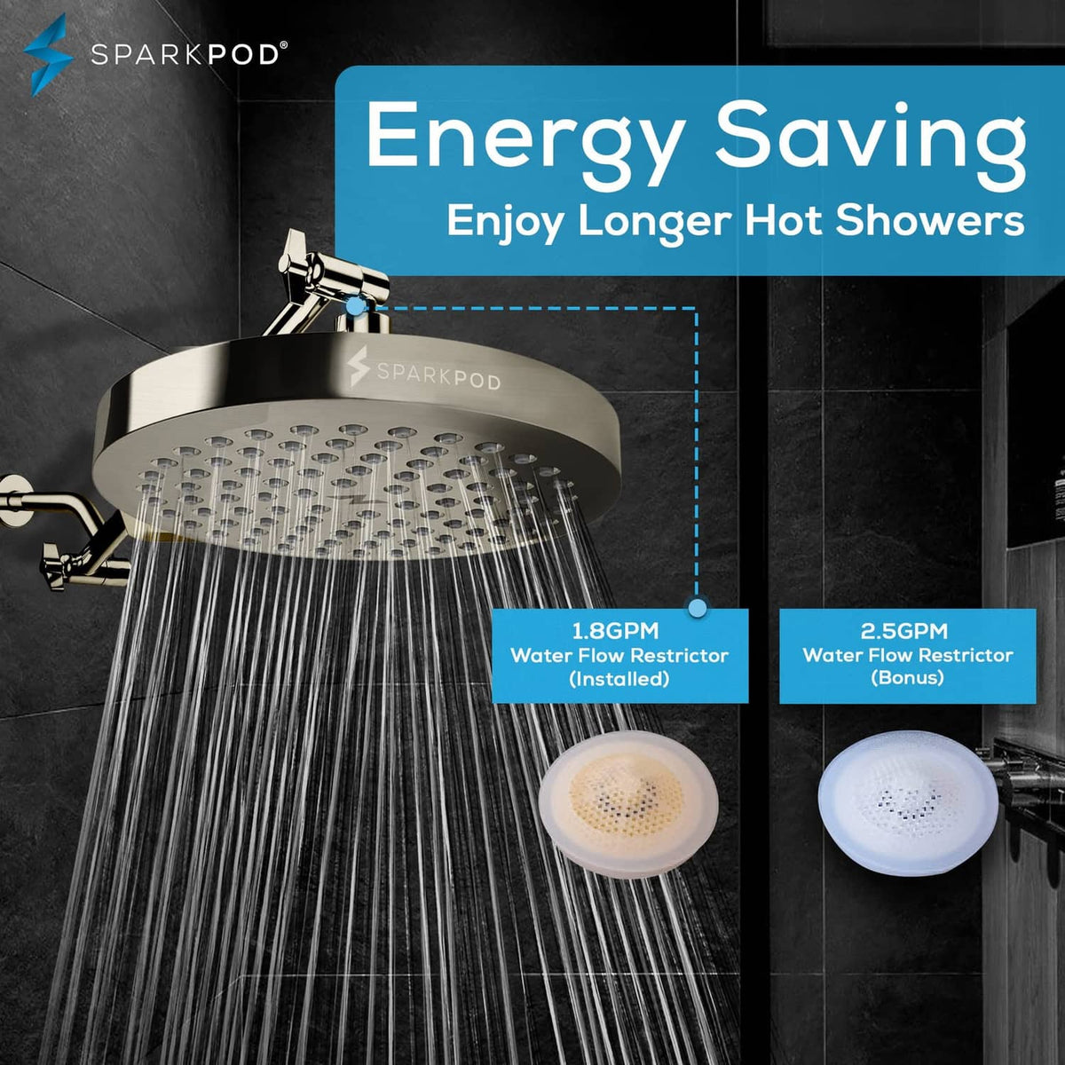 Brushed nickel 8-inch rain shower head with full water spray pattern from the nozzles
