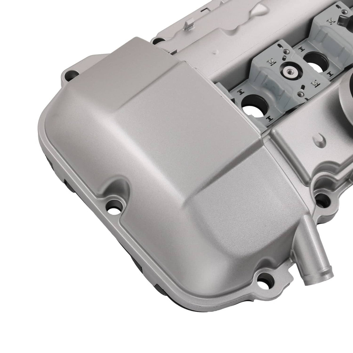 Aluminum valve cover with smooth silver-gray finish and mounting holes