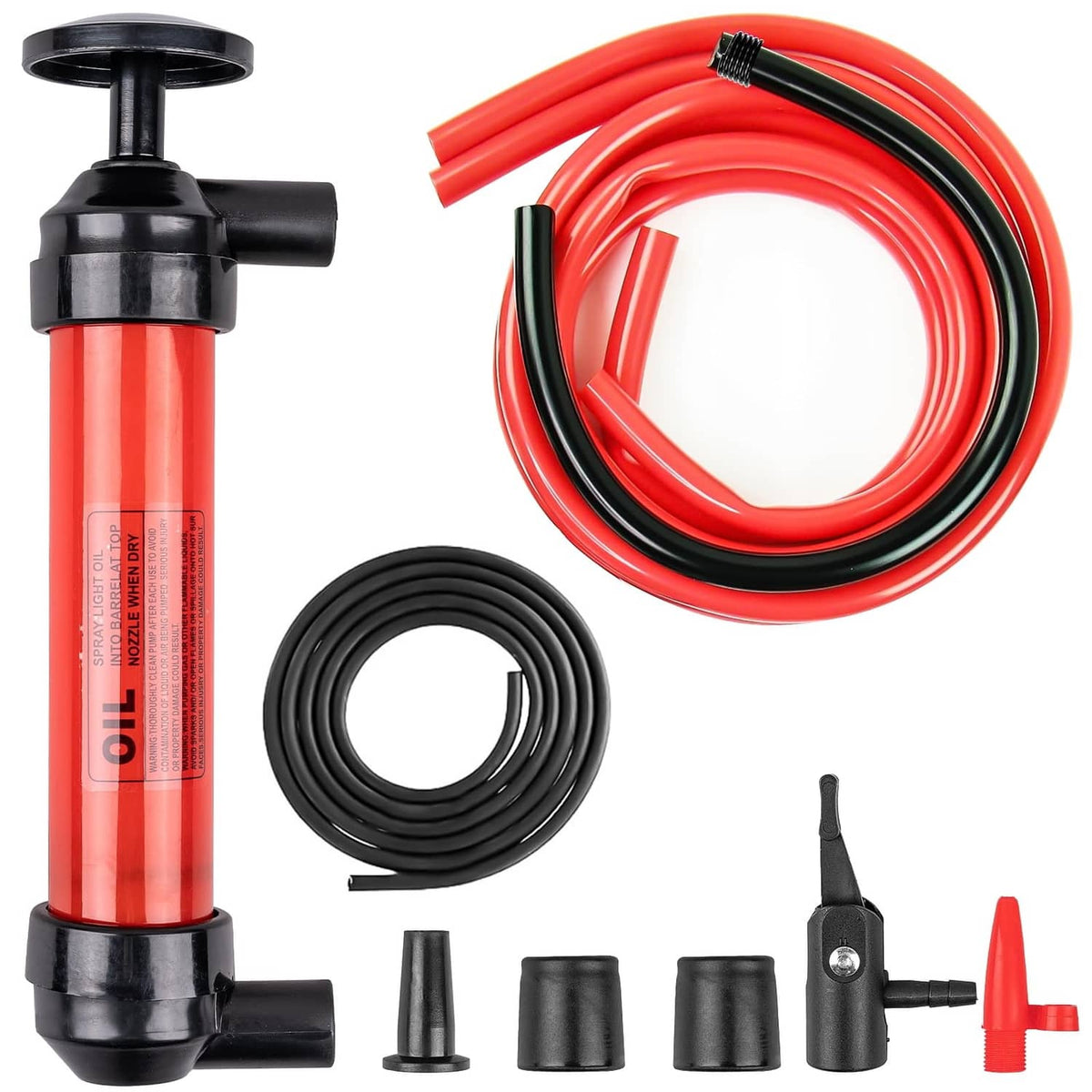 Red and black hand siphon transfer pump with hose and small pump head attachments