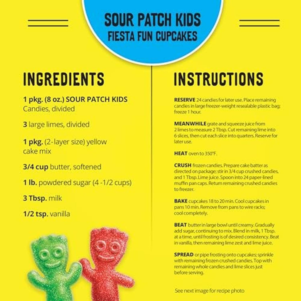Sour Patch Kids themed recipe card showing ingredients and instructions for cupcakes