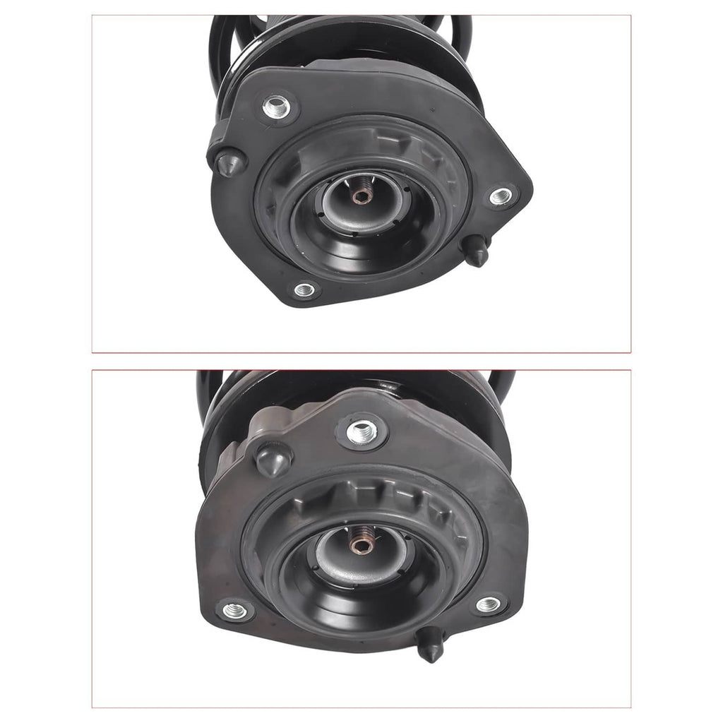 Front strut top mount with circular spring seat and bolt holes, black finish