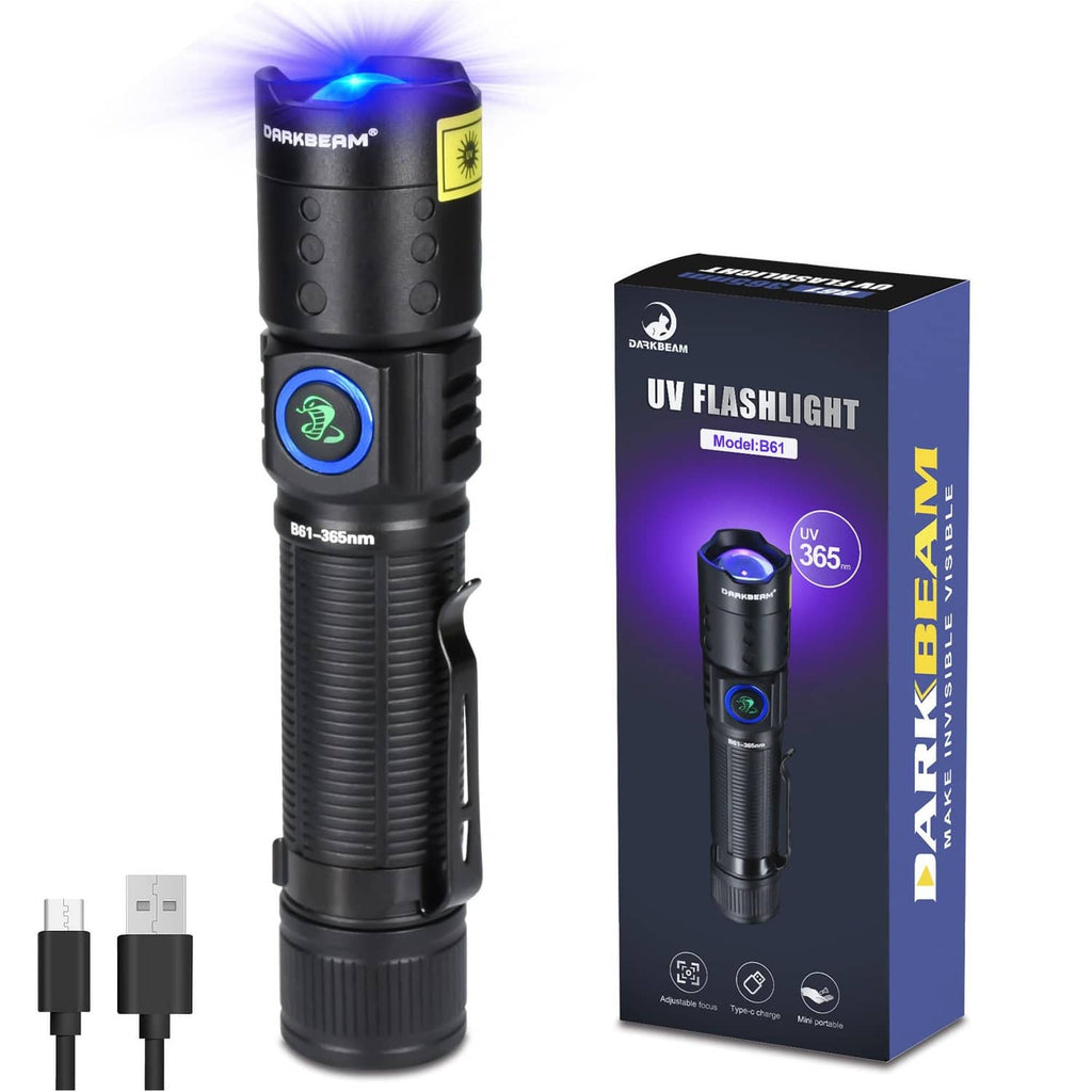 Mini UV 365nm flashlight with black body and blue-ring power button