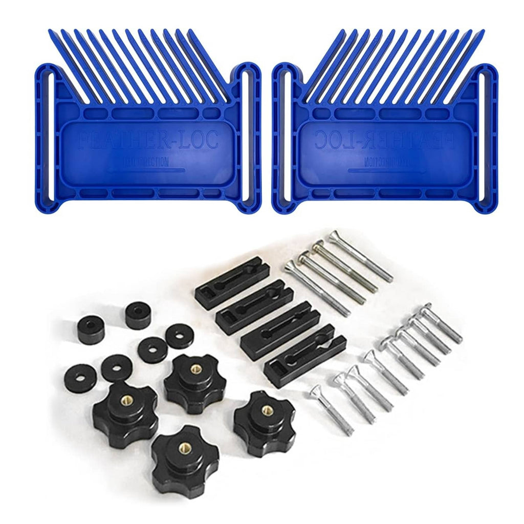 Featherboard kit: blue stackable featherboards with comb teeth and hardware pieces