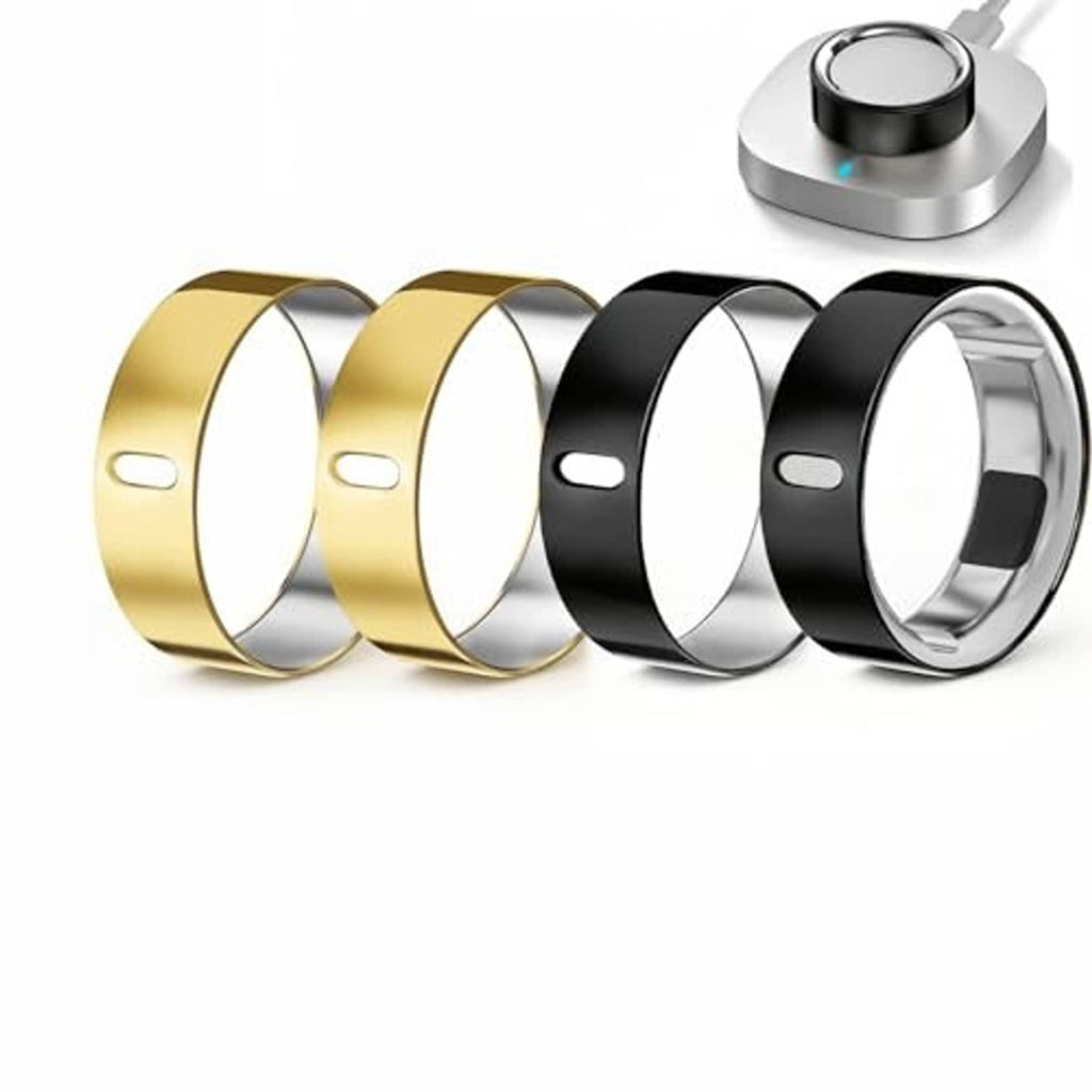 Four ring covers in gold and black, curved TPU shells with small side cutouts