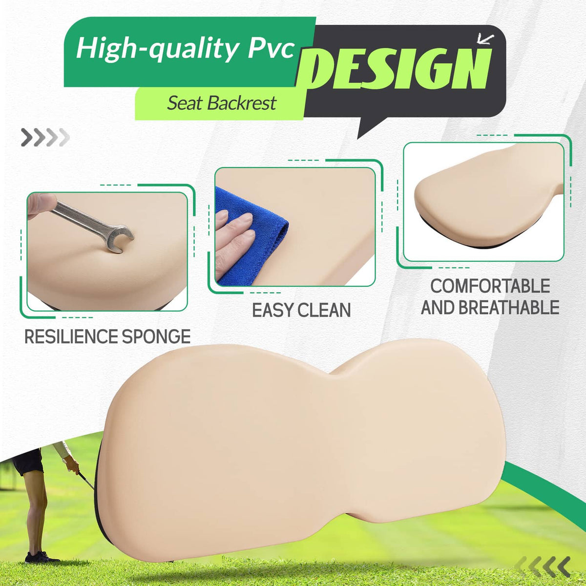 Beige contoured seat back cushion for golf cart, rounded shape
