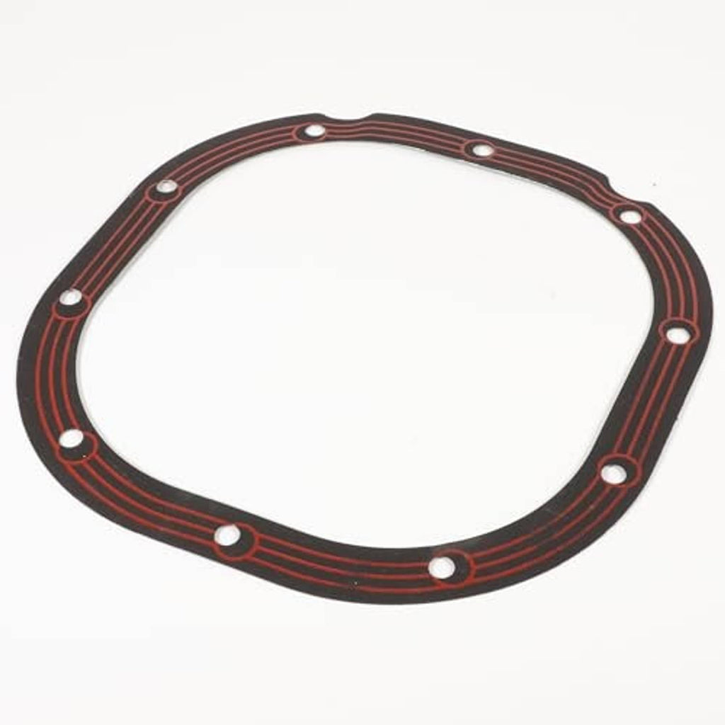 Rear differential cover gasket, oval view with red stripes and evenly spaced bolt holes