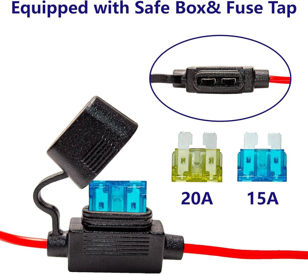 Inline fuse tap and protected connector for a red/black 2-pin charger cable