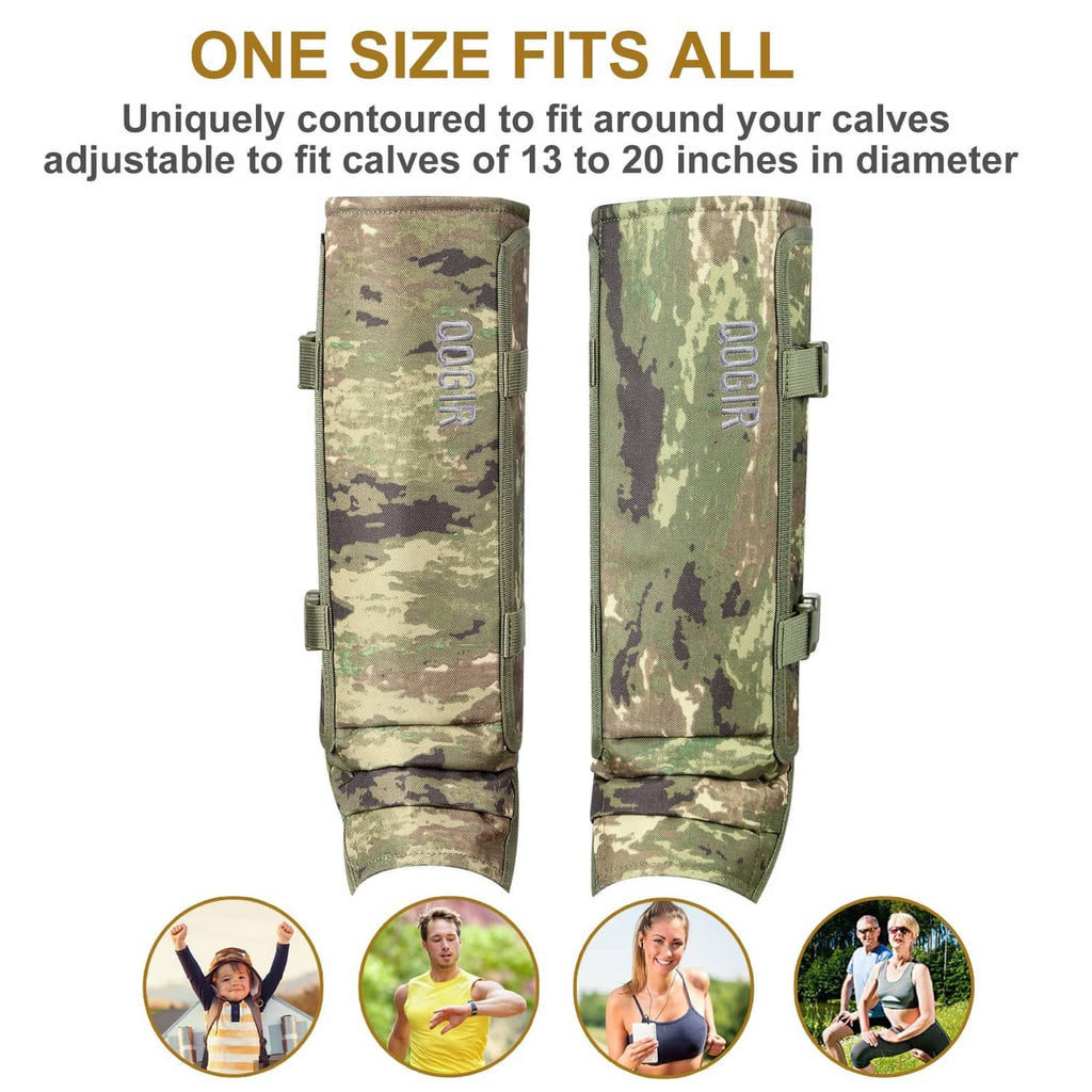 Camouflage snake gaiters designed to fit calves, with adjustable side straps and buckles.