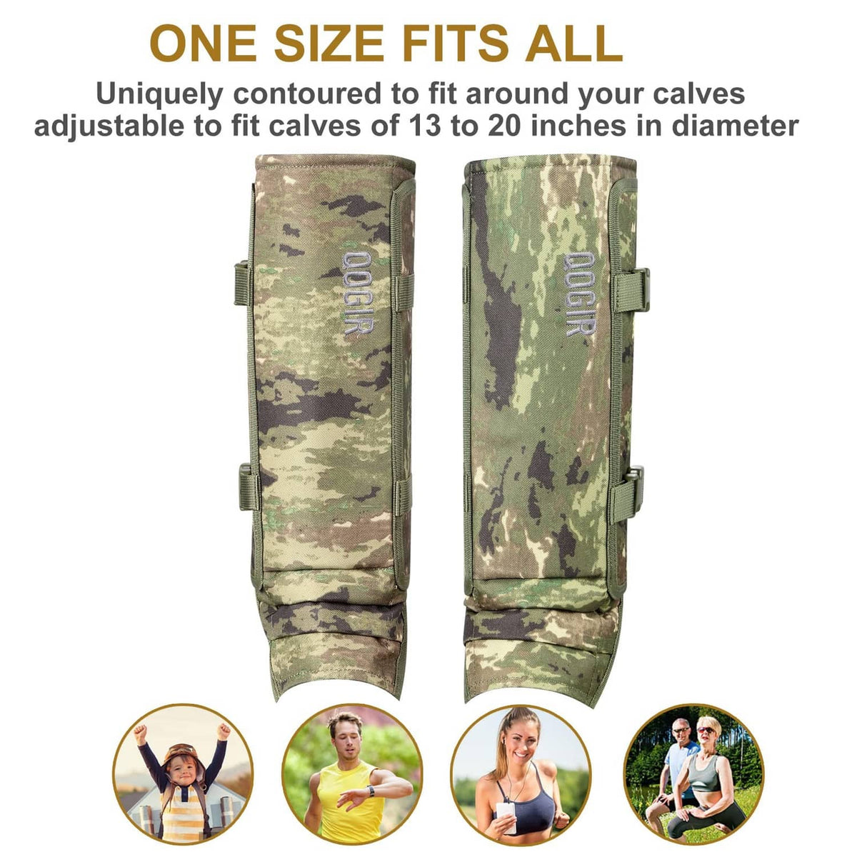 Camouflage snake gaiters designed to fit calves, with adjustable side straps and buckles.