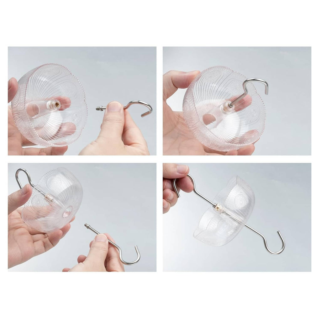Clear plastic ant moat base and mesh cup with hands installing hang hooks
