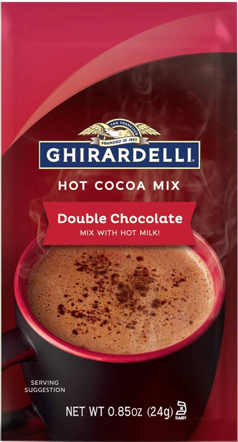 Hot cocoa mix pouch showing Ghirardelli Hot Cocoa Mix Double Chocolate
