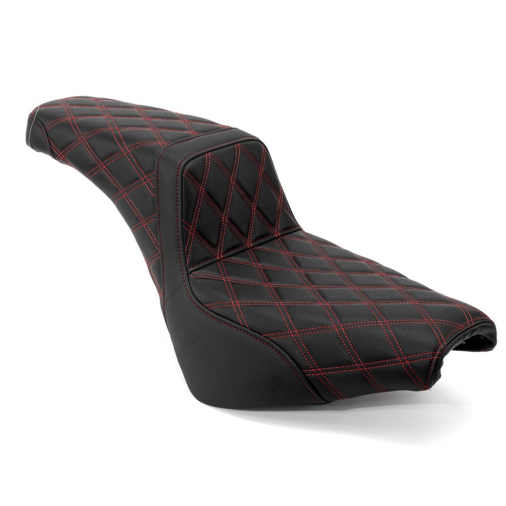 Motorcycle seat with diamond quilt, red stitching, black side profile