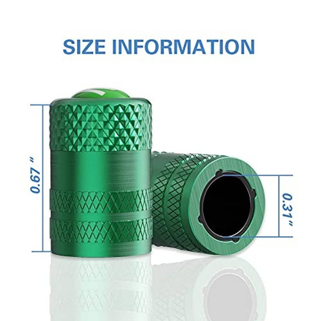 Green anodized aluminum tire valve stem caps, diamond pattern, open end shown