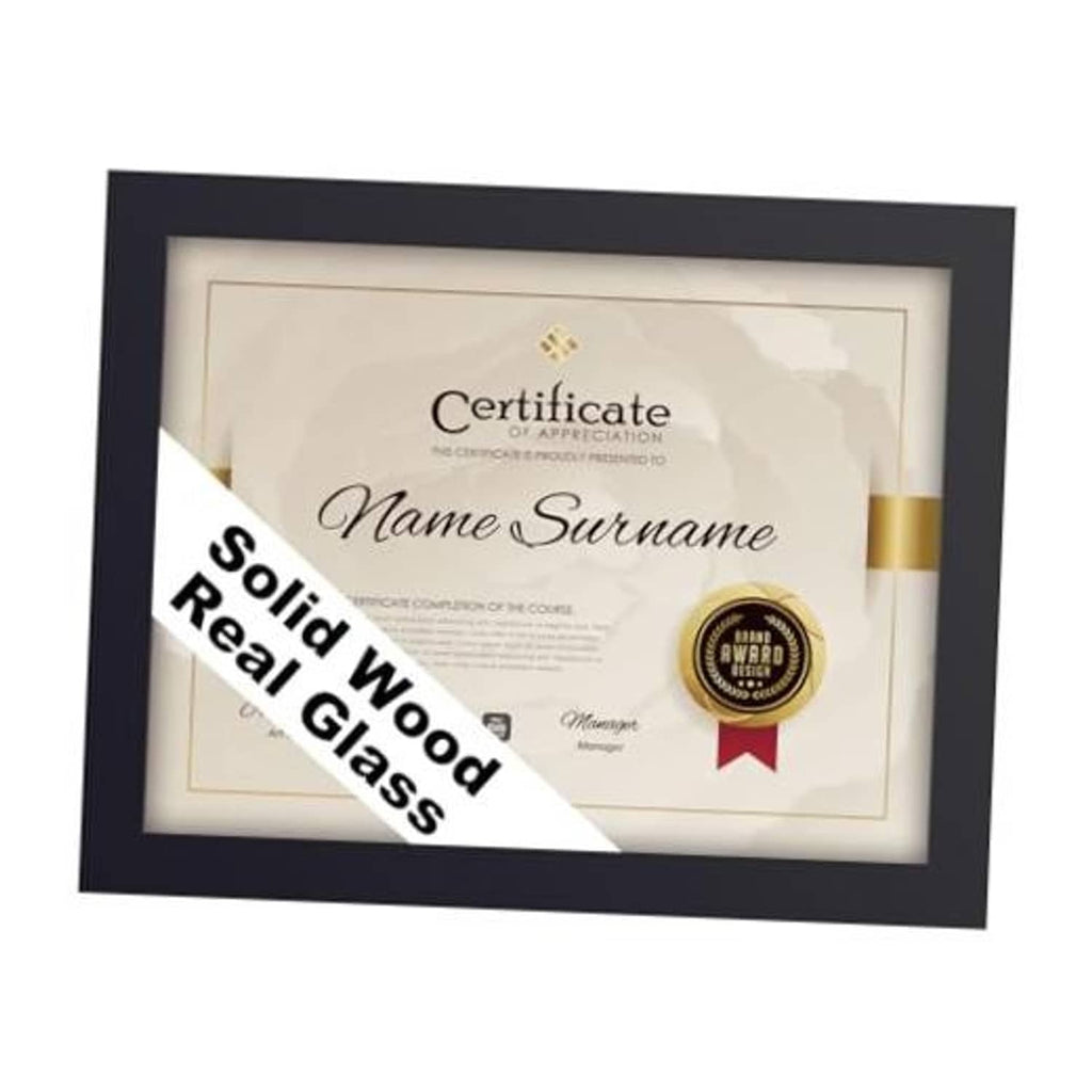 Black certificate frame with clear glass cover and certificate display inside
