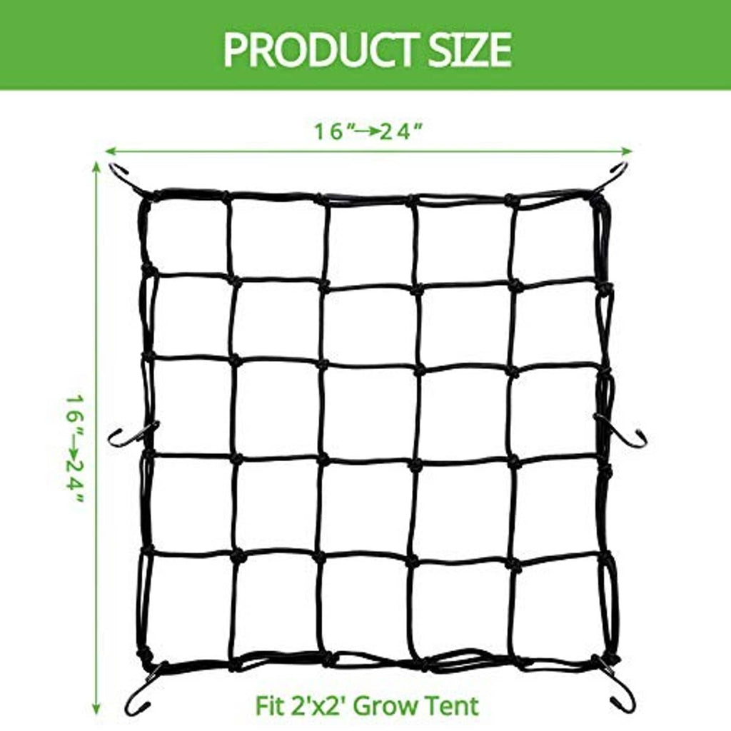 Black square trellis netting with corner hooks and labeled dimensions
