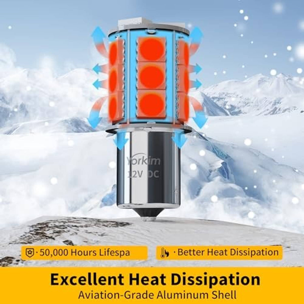 LED light bulb with metal shell and yellow LED chips, designed for cold weather use