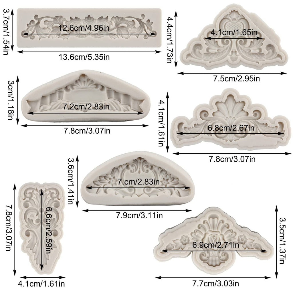 Baroque lace silicone mold with size labels and ornate white curlicue scroll design