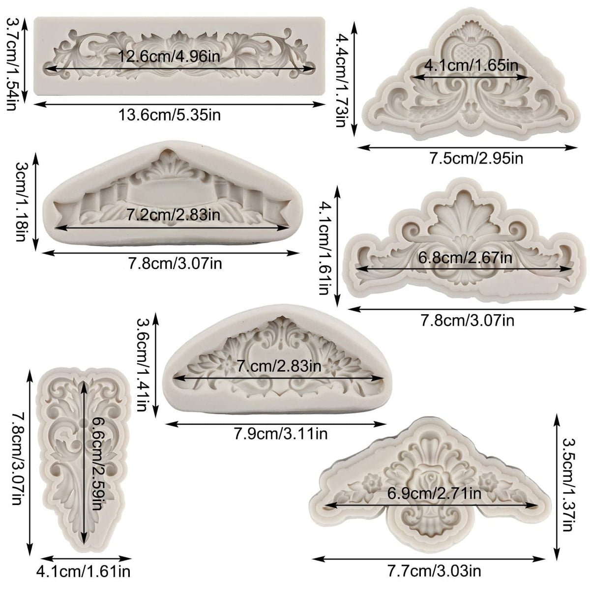 Baroque lace silicone mold with size labels and ornate white curlicue scroll design