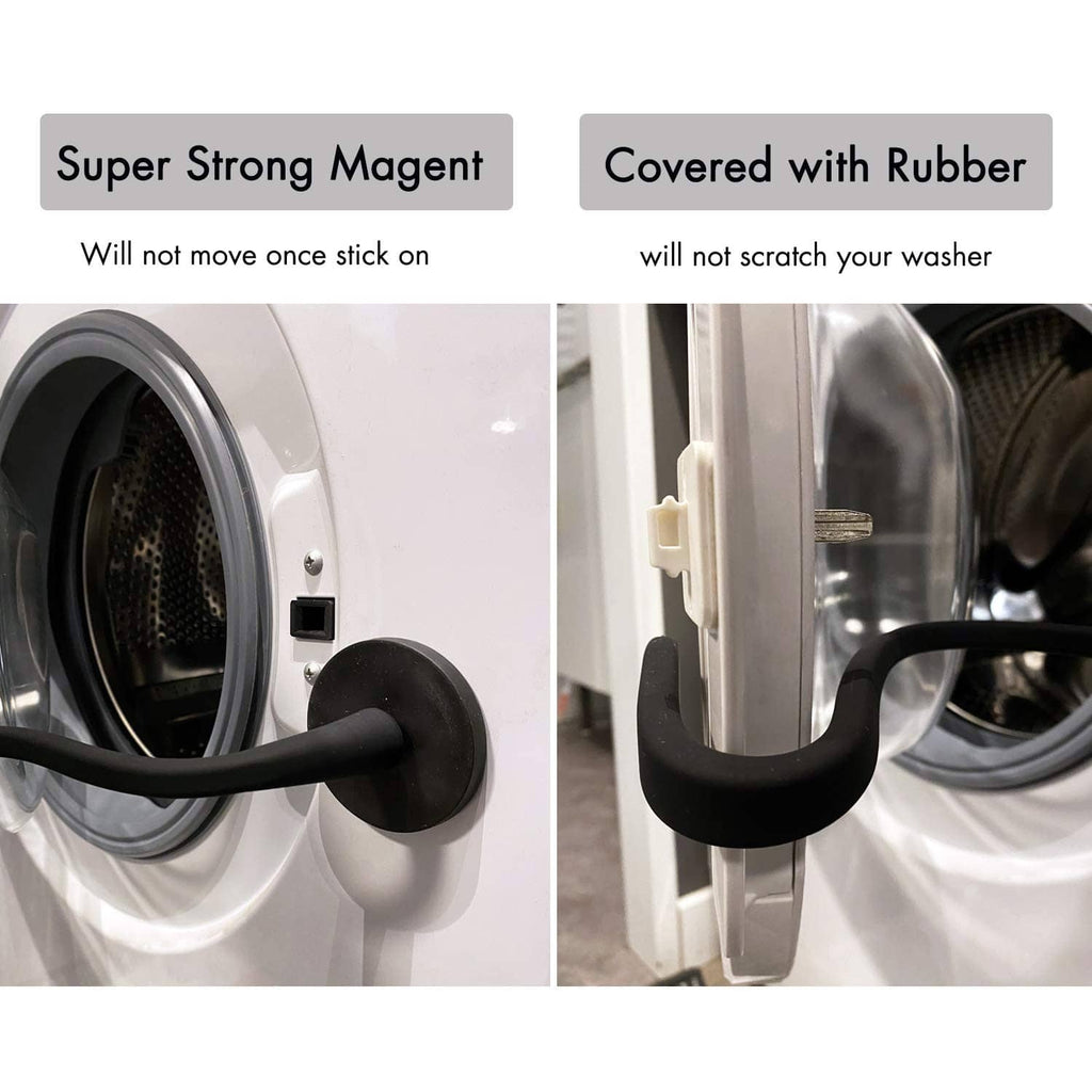 Black magnetic flexible washer door prop with rubber-covered ends to protect the door