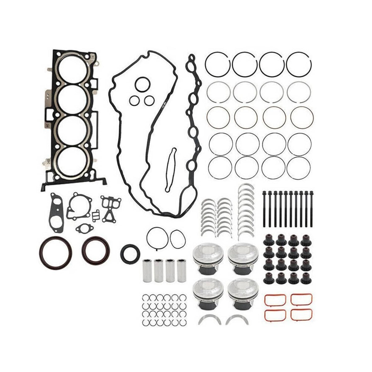 Engine crankshaft connecting rod rebuild parts set with gaskets, rings, and fasteners