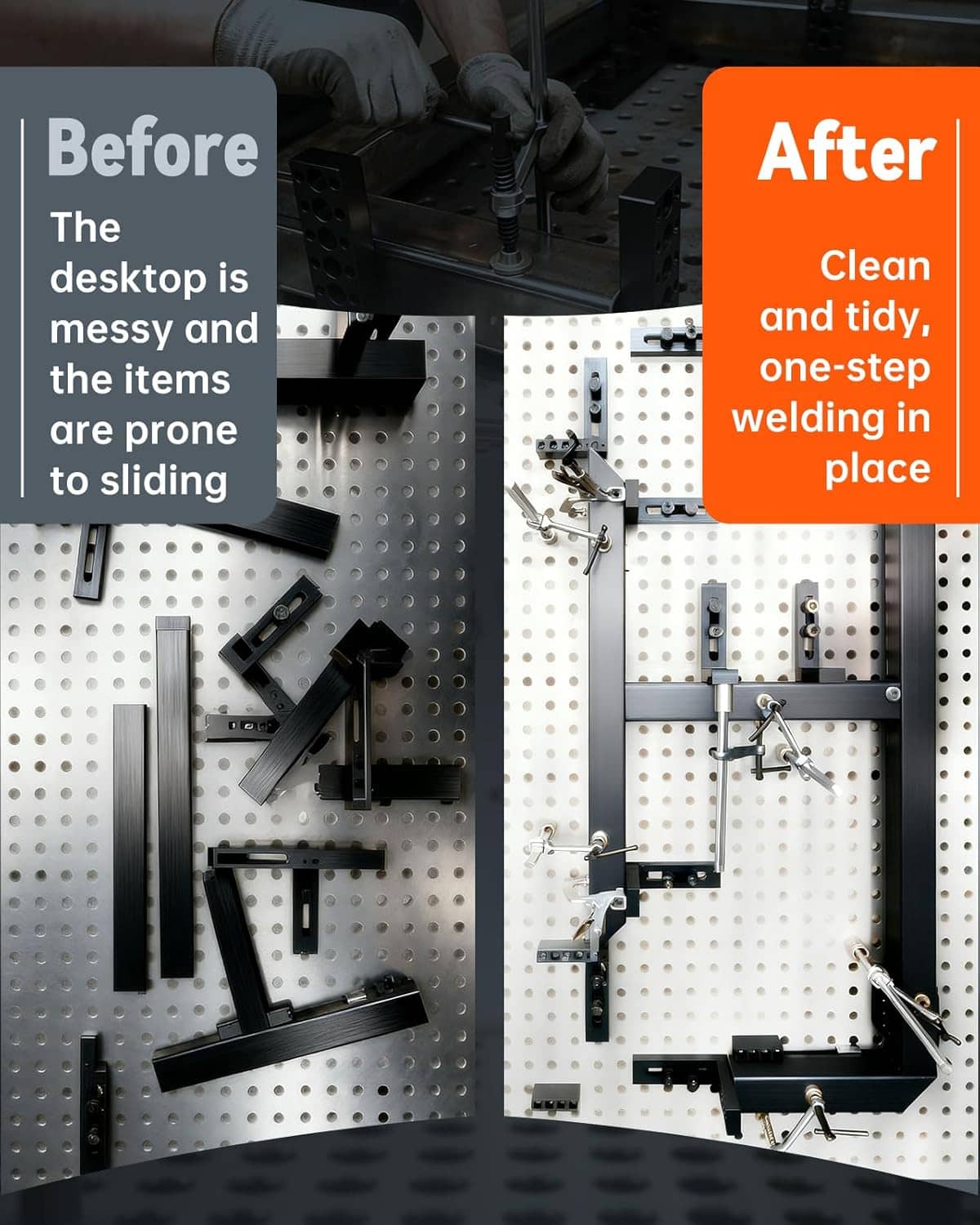 Welding table clamps arranged on a perforated workbench plate, silver frames and black posts