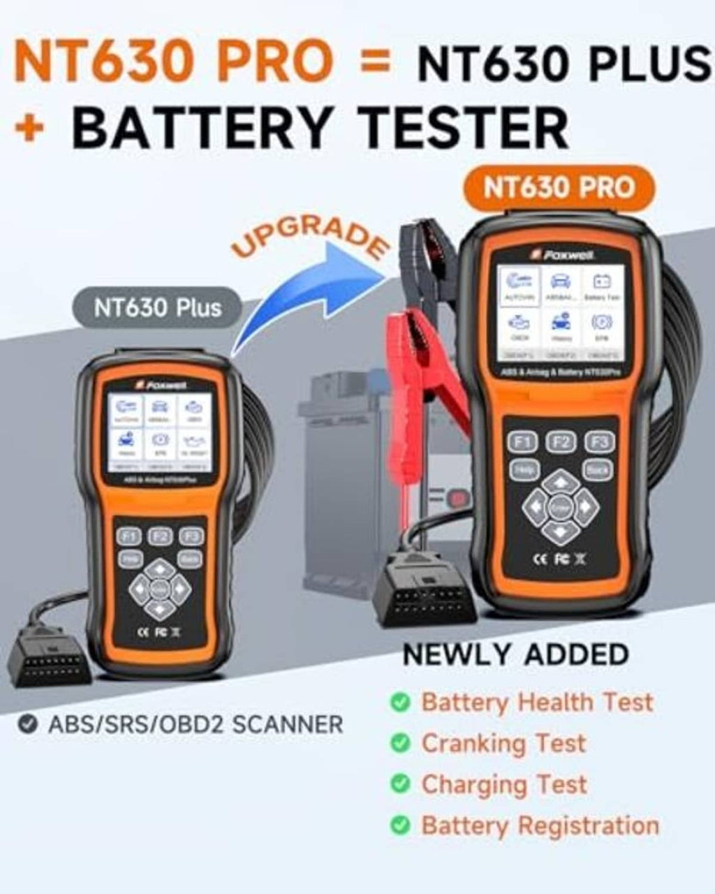 Foxwell NT630 Pro scan tool with battery tester, showing upgrade and battery health test