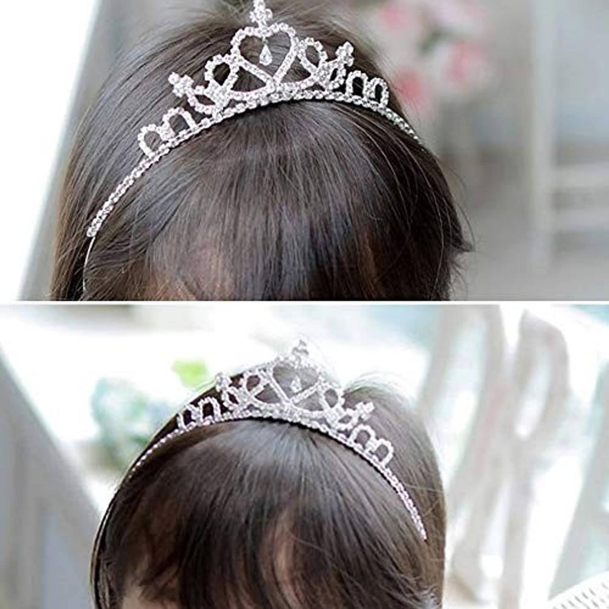 Girls rhinestone tiara headband with heart center and decorative side arches