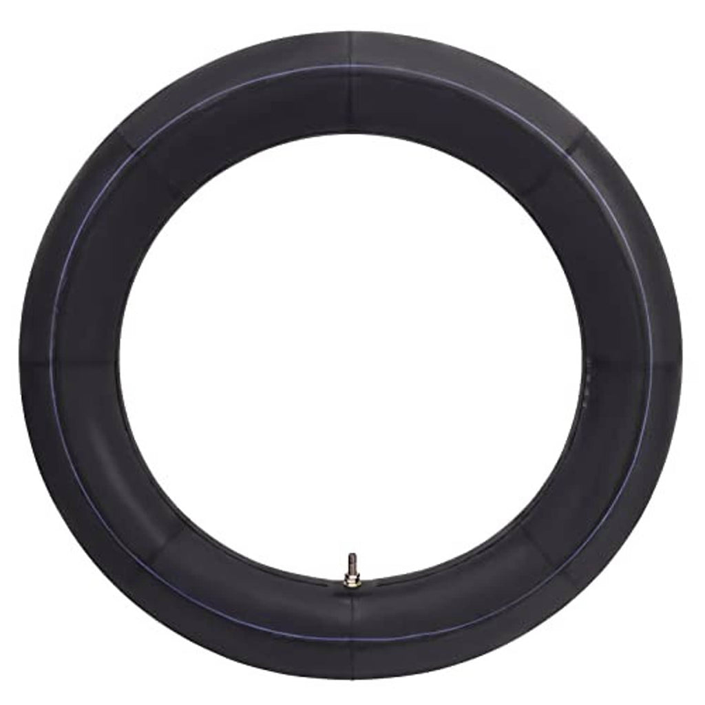 Black motorcycle inner tube with valve stem, full round view