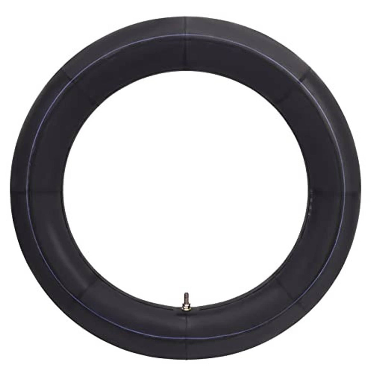 Black motorcycle inner tube with valve stem, full round view